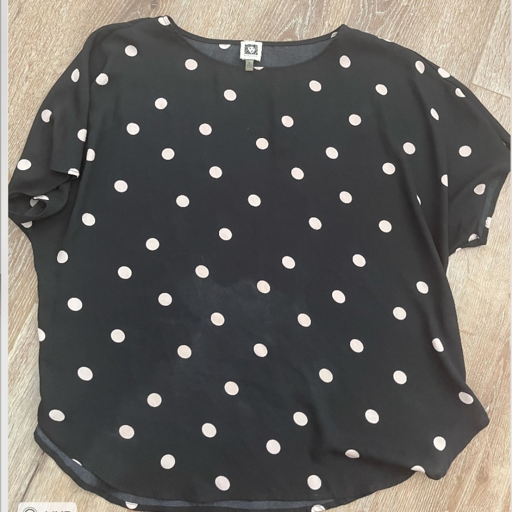 Anne Klein Black Cream Polka Dot Blouse XL